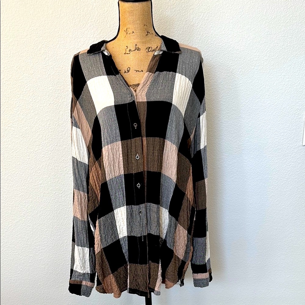 Plaid Button Down Shirt - Black, White, Brown
